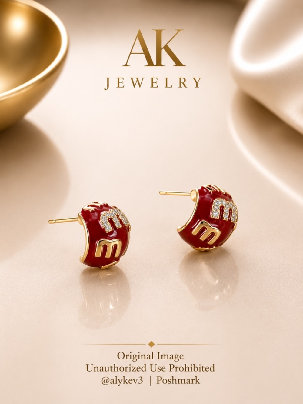 💎 Luxury Burgundy Crystal Stud Earrings | Gold-Tone Elegant Studs | AK Jewelry